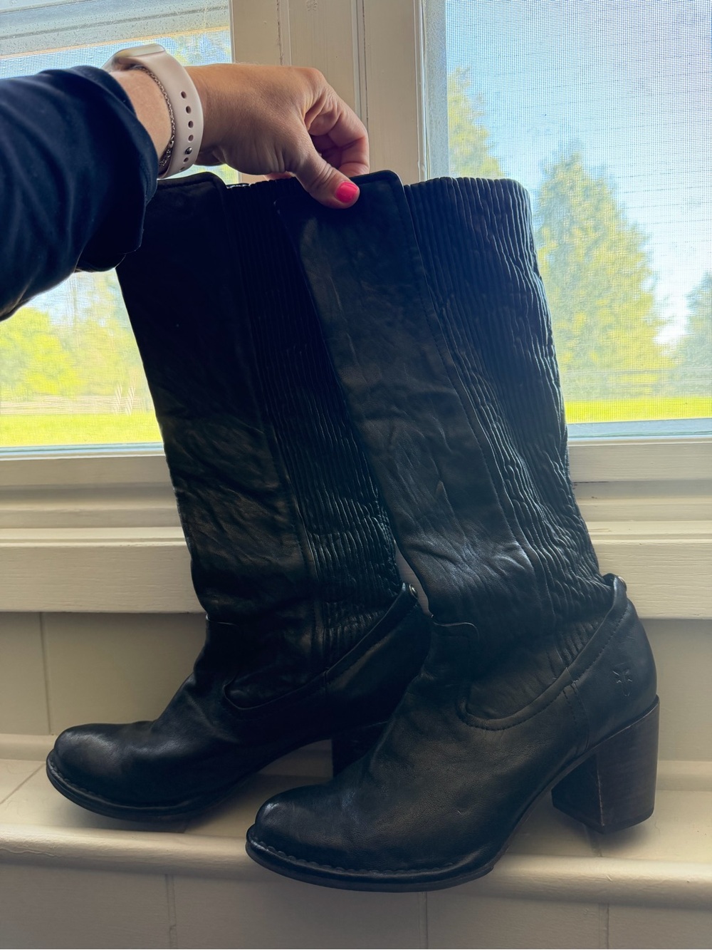 Frye Black Leather Mid-Calf Heeled Boots